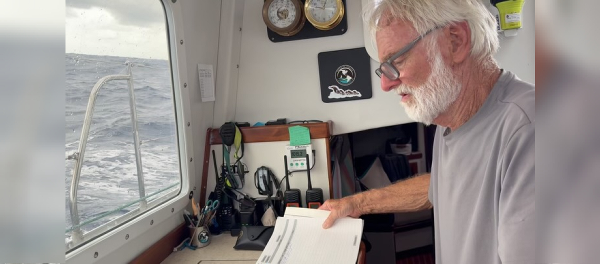 Mark plots our position daily, recording where we are and how many nautical miles we ha…