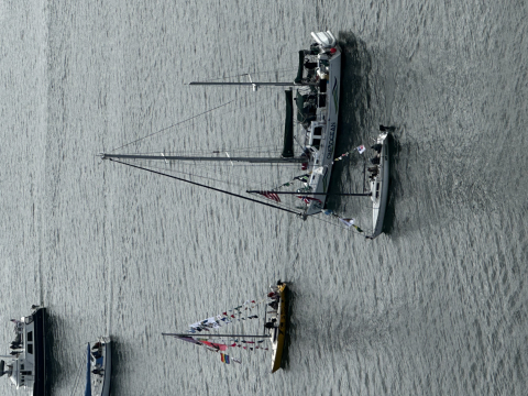 Boats parading out beside One Ocean on their May 3 Launch from Anacortes WA. 