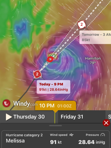 Hurricane Melissa is almost directly beside us now.