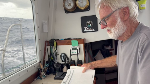 Mark plots our position daily, recording where we are and how many nautical miles we ha…