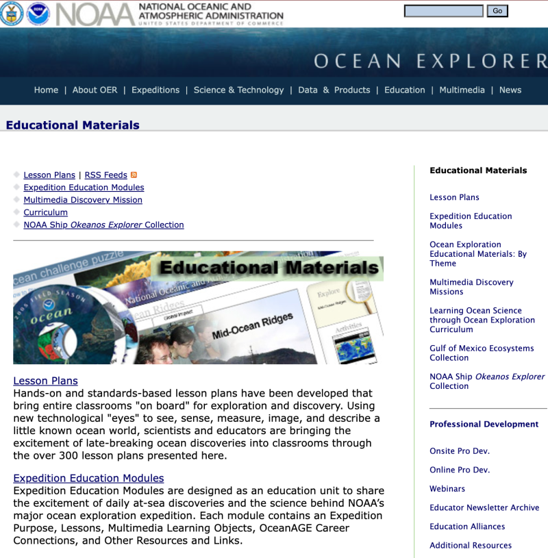 NOAA Ocean Exploration Educational Materials Page Screenshot